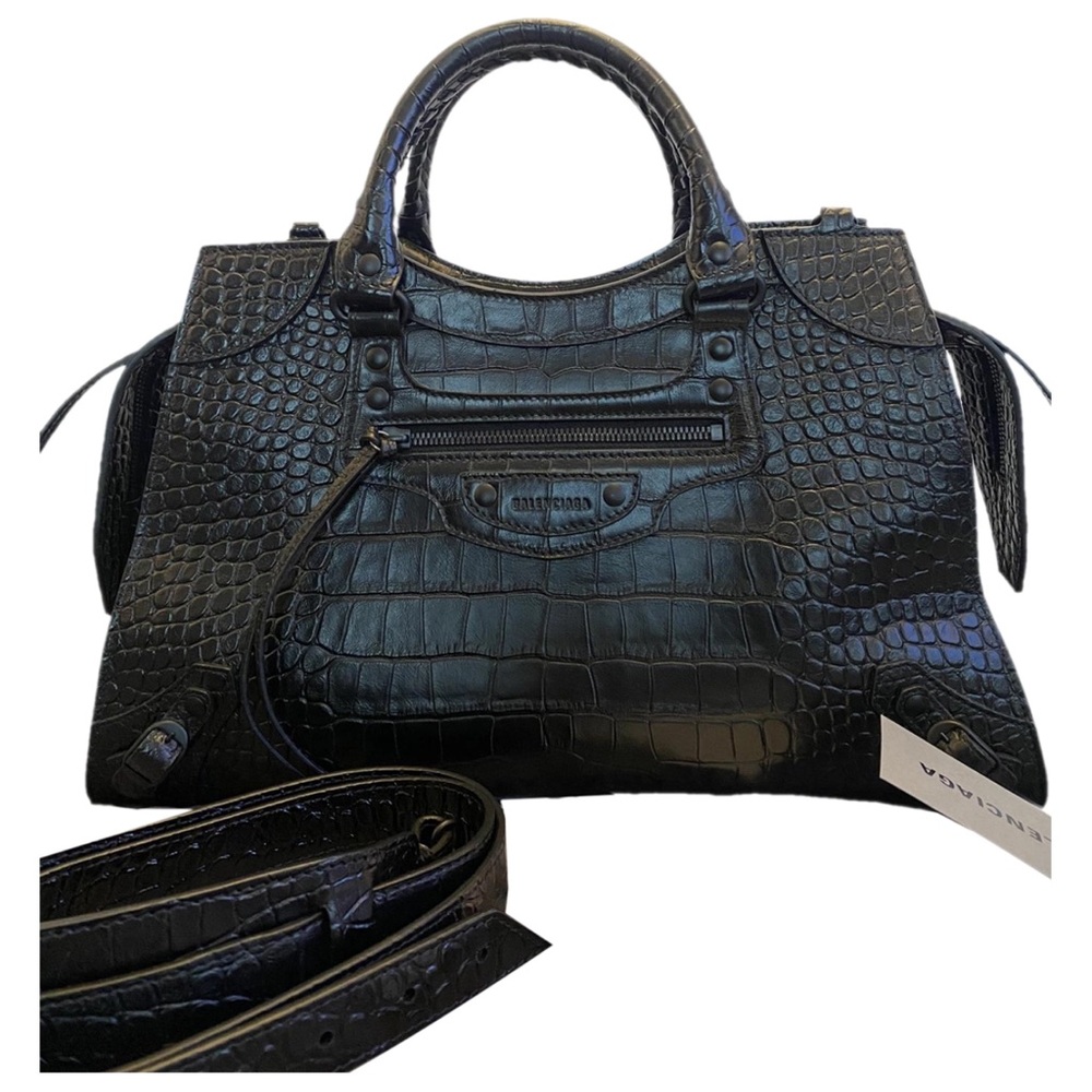 Authentic Balenciaga Neo Classic City Black Satchel Croc Embossed Leather